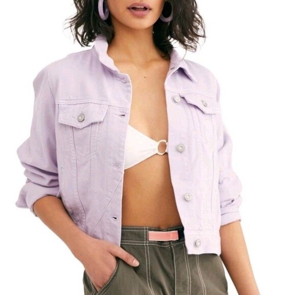 Free People Rumors Denim Jacket  size XS Boxy Lavender Purple Pastel Y2K Boho - Picture 1 of 11